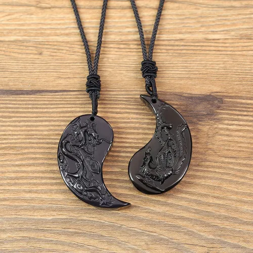 Vista 5 de COAI Collar con colgante de dragón obsidiana y fénix Yin Yang para parejas