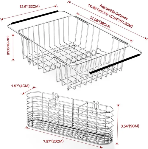 Vista 2 de Escurridor de platos grande para fregadero, escurridor de platos de metal de acero inoxidable 304 expandible con soporte para utensilios de acero