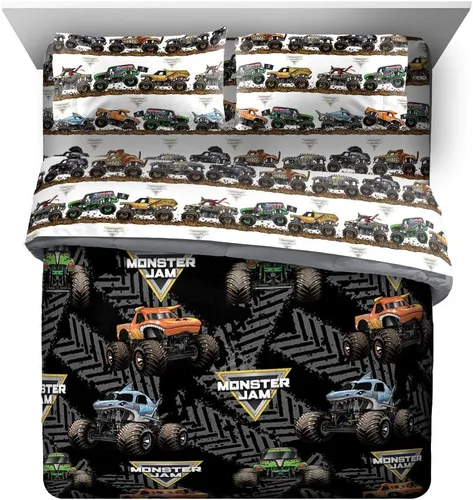 Vista 2 de Jay franco Juego de ropa de cama Queen de 5 piezas de Monster Jam Tracks incluye edredón y sábanas con Grave Digger y Megalodon de microfibra suave