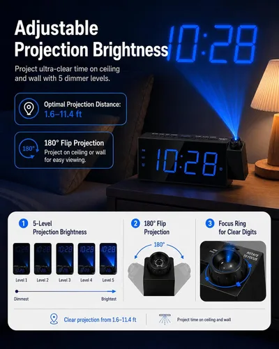 Vista 3 de OnLyee Reloj despertador de proyección para dormitorio, LED digital en techo y pared con carga USB para teléfono, respaldo de batería, proyector