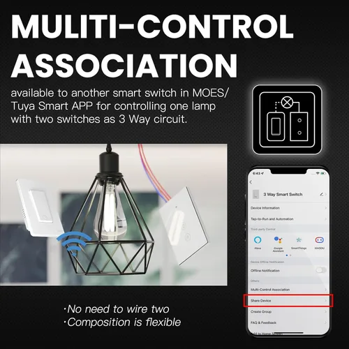Vista 4 de MOES Interruptor de Luz Inteligente WiFi de 2da Generación, Interruptor de Pared 2.4GHz, Cable Neutro Requerido, Control Remoto por APP Smart Life