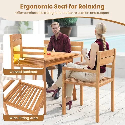 Vista 7 de HAPPYGRILL Silla de comedor de madera de teca, sillón de muebles de madera para exteriores con asiento y respaldo de listones, para patio trasero