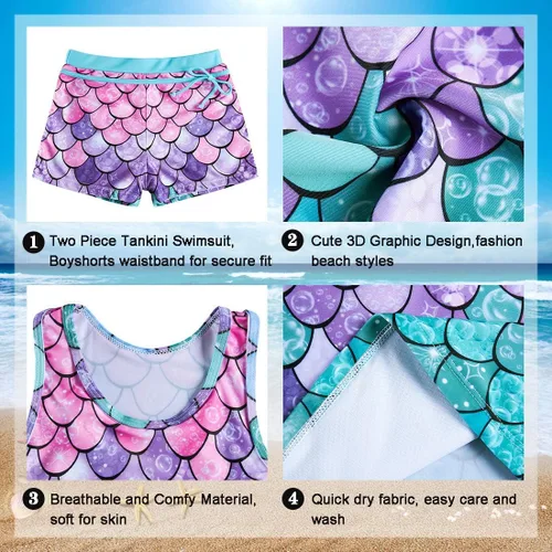 Vista 5 de Belovecol - Traje de baño de dos piezas estilo tankini para el verano y la playa, con camiseta de protección y shorts, tallas de 4 a 11 años