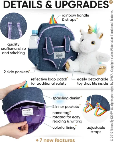 Vista 5 de Naturally KIDS Mochilas - Mochila para niños y niñas con animales de peluche - Regalos para niños y niñas de 3, 4, 5 años, 03 Unicornio Blanco