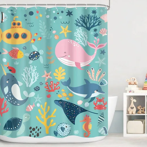 Vista 9 de Cortina de ducha para niños, océano, verano, linda ballena de dibujos animados, divertida decoración de baño para guardería, niños y niñas