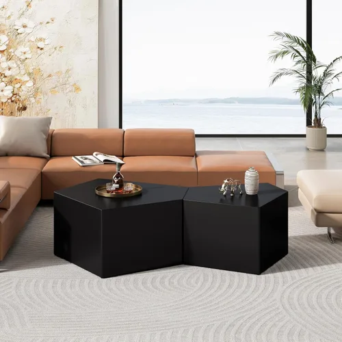 Vista 9 de Yoglad Juego de 2 mesas de centro anidables del Pentágono, mesas de café de forma irregular, muebles modernos de estilo industrial, no necesita
