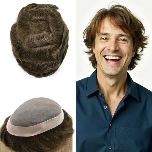 Vista 45 de Toupee - Sistema de reemplazo de cabello fino y duradero para hombre, piezas de cabello 100% humano para hombres, revestimiento de poliéster, unidad