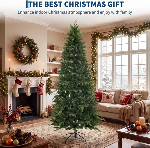 Vista 4 de Artificial Christmas Tree, with LED Lights & Metal Stand, Indoor Xmas Decor, 7.5 Feet