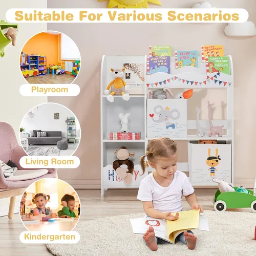 Vista 9 de HONEY JOY Organizador de almacenamiento de juguetes para niños, unidad de almacenamiento de madera con 2 cajas, estantería de exhibición para niños