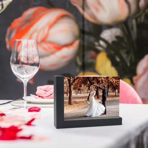 Vista 7 de Lavezee Paquete de 2 marcos de fotos de 4 x 6 pulgadas, hechos de base de madera negra en forma de L con vidrio, imágenes de fotos de doble cara