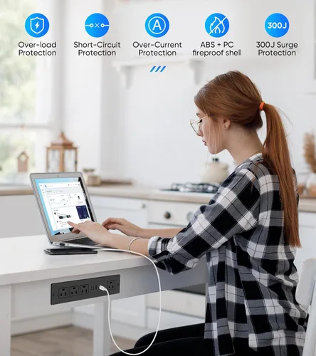 Vista 5 de Regleta de alimentación empotrada con PD 20W USB-C, salida de cajón empotrada, 4 tomas de corriente y 3 puertos USB, regleta de alimentación