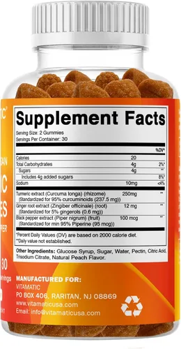 Vista 8 de Vitamatic Gomitas de cúrcuma con extracto de jengibre y pimienta negra – 60 gomitas veganas 95% curcuminoides – Potente apoyo antioxidante e