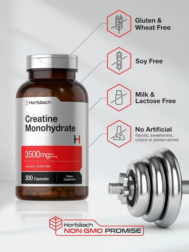 Vista 4 de Horbäach Cápsulas de monohidrato de creatina 3500 mg 300 unidades Suplemento sin OMG y sin gluten