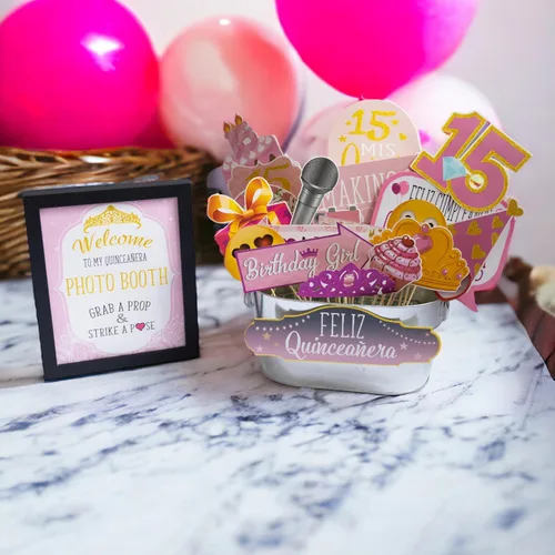 Vista 6 de Accesorios para cabina de fotos de quinceañera, kit de cabina de fotos de 41 piezas con letrero de 8 x 10 pulgadas, 60 almohadillas adhesivas, 45