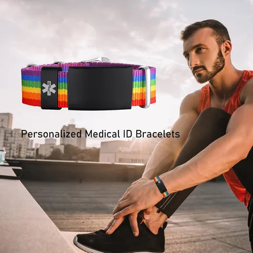 Vista 2 de Pulseras de identificación médica personalizadas para hombres y mujeres pulseras de alerta médica de emergencia grabado gratuito pulsera de nailon