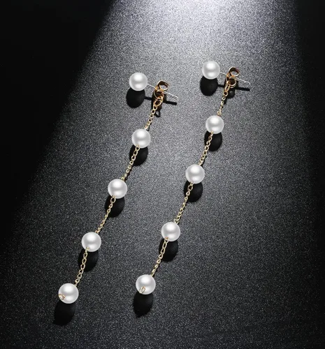 Vista 5 de LOKLIFFAI Aretes de plata de ley 925 con forma de bola de perlas y cadena larga para mujeres y niñas