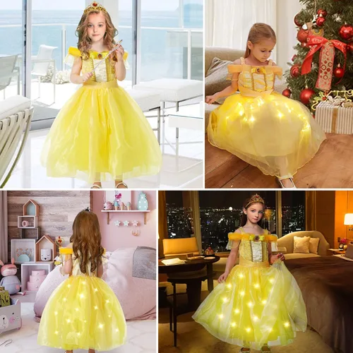 Vista 6 de Tacobear Disfraz de Bella iluminado para niñas, vestidos de Bella con accesorios de vestir, disfraz de princesa para Halloween, cumpleaños