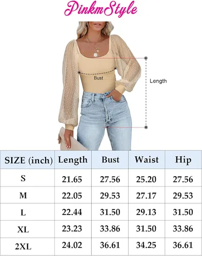 Vista 7 de PINKMSTYLE Body de manga larga con cuello cuadrado para mujer, con lunares, traslúcido, básico