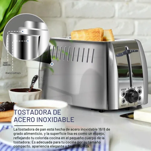 Vista 4 de Tostadora de 2 rebanadas de acero inoxidable con ranuras extra anchas con 6 ajustes de dorado, función