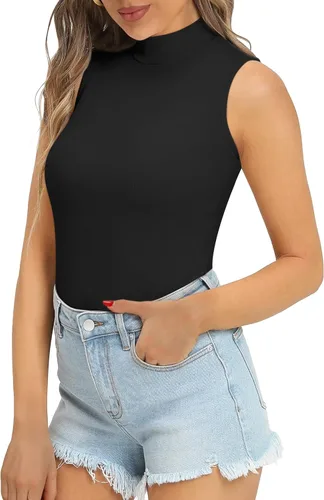 Vista 3 de MANGOPOP Women's Mock Turtleneck Sleeveless Tank Tops Ribbed Long Sleeve Bodysuit