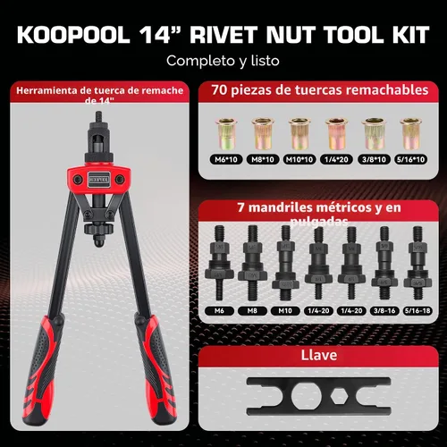 Vista 2 de KOOPOOL Kit de herramientas de tuerca remachadora de 14 pulgadas, herramienta de remache resistente con 7 mandriles
