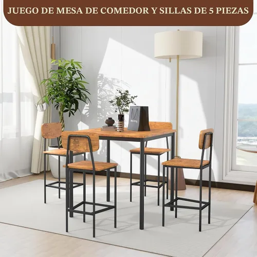 Vista 3 de Juego de mesa de comedor para 4, mesa de cocina de 5 piezas con sillas, juego de comedor industrial resistente que ahorra espacio para pub, cenas