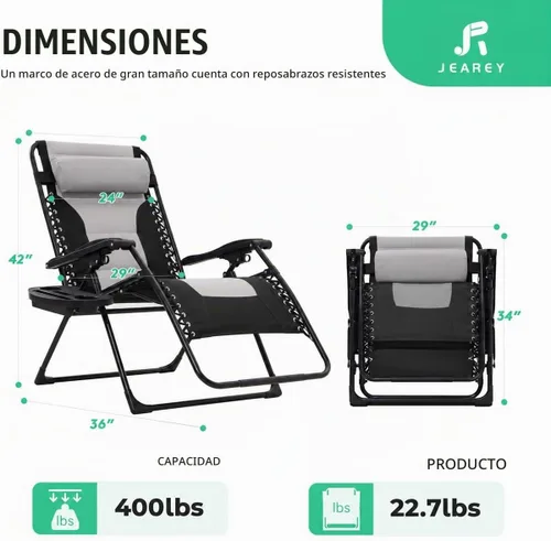 Vista 3 de JEAREY - Silla de gravedad cero, reclinable acolchado de gran tamaño, color negro y gris Negro/Gris