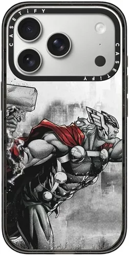 Vista 117 de CASETiFY Impact - Funda para iPhone 13 Mini [Marvel Colab / protección contra caídas de 8.2 pies/Magsafe] - Capitán América VS - Negro transparente