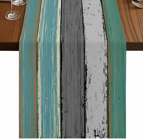 Vista 40 de Vandarllin Camino de mesa de lino y algodón estilo rústico retro, textura de madera de granero, color degradado, azul aguamarina, gris