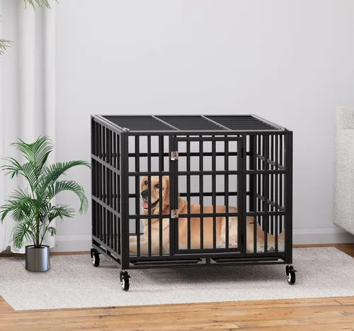 Vista 7 de Jaula para perros resistente de 38 pulgadas con ruedas, perrera indestructible a prueba de escapes con pestillo de bloqueo y doble puerta, jaula