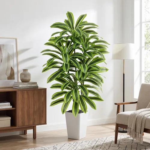 Vista 14 de Árbol de Dracaena artificial rojo de 6 pies, plantas falsas altas Hoja blanco-roja