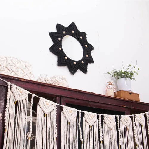 Vista 3 de TENEWEE - Espejo de pared colgante redondo de macramé bohemio Handmade woven, black, wall hanging HD glass; entryway, bedroom, apartment, hallway