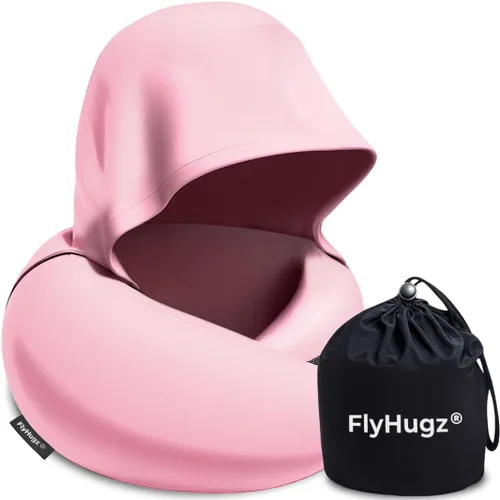 Vista 7 de FlyHugz® Almohada de viaje con capucha 2.0 – Versión original 2026 – Almohada de cuello de espuma viscoelástica con capucha ajustable y funda Gris