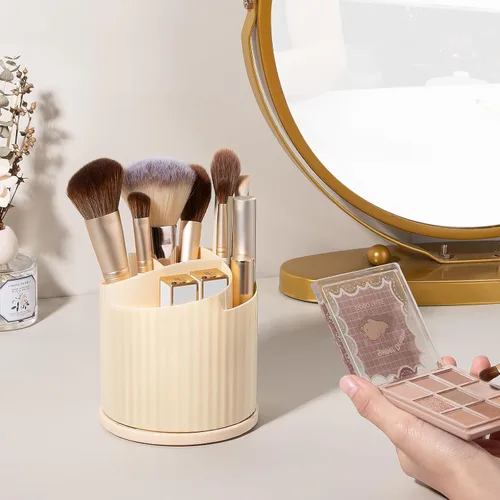Vista 2 de Anyoifax Organizador giratorio de 360 brochas de maquillaje con 5 ranuras para brochas de maquillaje, taza en forma de flor, soporte para bolígrafo