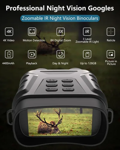 Vista 2 de Gafas de visión nocturna, prismáticos de visión nocturna 4K, regalo para hombres y adultos, pantalla grande de 3 pulgadas, zoom digital 8X, luz IR