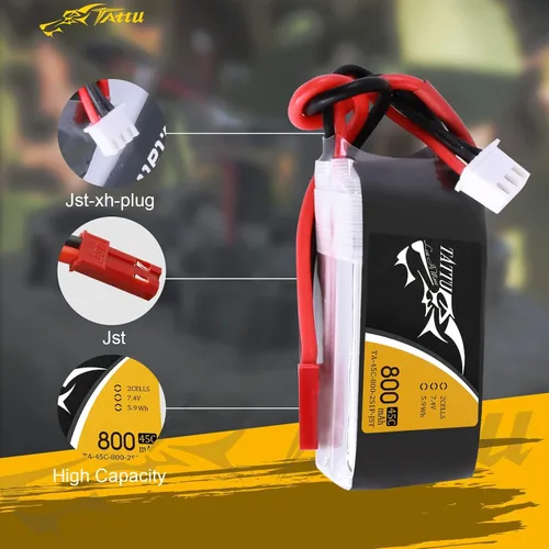 Vista 3 de TATTU Paquete de batería LiPo de 800mAh 7.4V 45C 2S1P con enchufe JST-SYP (2 piezas)