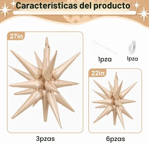 Vista 2 de 9 piezas de globos de estrella beige, grandes globos de papel de aluminio en forma de estrella en explosión, globos de Mylar en punta color crema