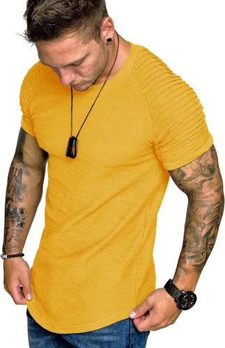 Vista 22 de COOFANDY Camiseta Muscular para Hombre de Manga Raglán Plisada Camiseta de Culturismo para Gimnasio Manga Corta Camisas de Entrenamiento de Moda