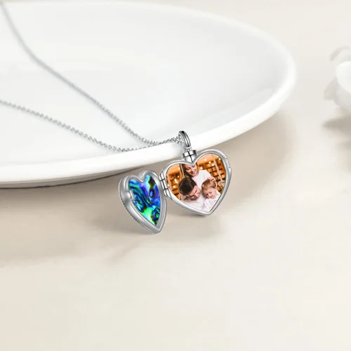 Vista 3 de ONEFINITY Collar de urna de cremación para cenizas de plata de ley con concha de abulón, árbol de la vida, collar con medallón que sostiene imágenes
