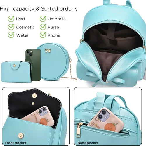 Vista 4 de Mochila de piel para niñas, estilo Bowknot, 3 piezas de mochila, bolso y monedero a la moda, para mujer