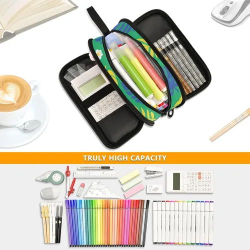 Vista 5 de Nylon Big Pencil Bag Summer Tropical Leaf Bright Yellow Green Large Capacity Big Pencil Case With Zipper Stationery Bag for College Teen Boys