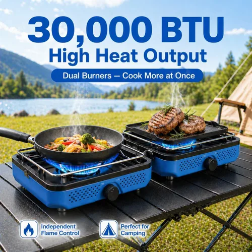 Vista 3 de Hisencn Camping Stove 2 Burner Foldable Propane Camping Stove with Cookware