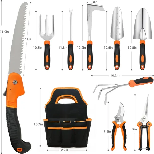 Vista 2 de Gartden Tools, 10 herramientas de jardín de acero inoxidable para jardinería con mango ergonómico antideslizante, herramientas de mano de jardín