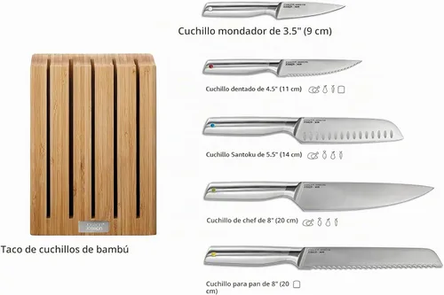Vista 3 de Joseph Joseph Elevate - Juego de cuchillos de cocina de 5 piezas, acero inoxidable japonés, bloque de cuchillos de bambú delgado