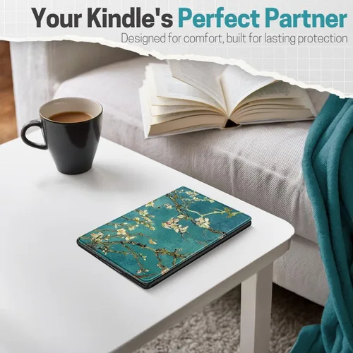 Vista 8 de TNP - Funda delgada para Kindle de 6 pulgadas para 11ª generación 2024/2022, flores de almendro Funda delgada de cuero sintético con diseño