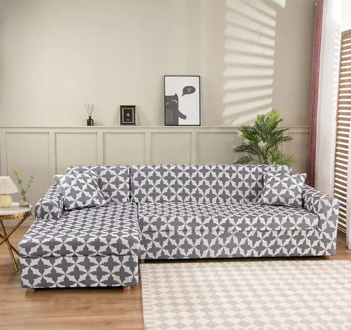 Vista 13 de LiveGo Funda de sofá en forma de L, 2 piezas, elástica y elástica de 3 plazas, protector de muebles con 4 fundas de almohada para sala de estar