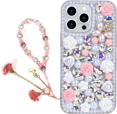 Vista 11 de para iPhone 14 Pro - Funda con Purpurina y Diamantes de Imitación, de Lujo, con Cristales Brillantes, Flores de Rosa, Perlas Florales, Pulseras