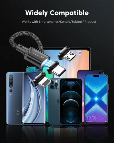 Vista 6 de Kuulaa Paquete de 3 cables de carga magnéticos, cable Lightning magnético, cargador de teléfono magnético de 3 A, carga rápida con puntas de carga 3