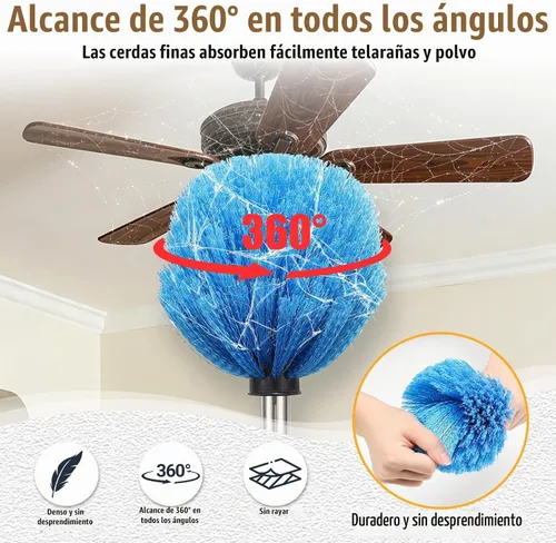 Vista 5 de Plumero de telaraña con poste de extensión de 5 pies, mango de acero inoxidable ajustable y cerdas rígidas, cepillo ligero para limpieza en Plateado