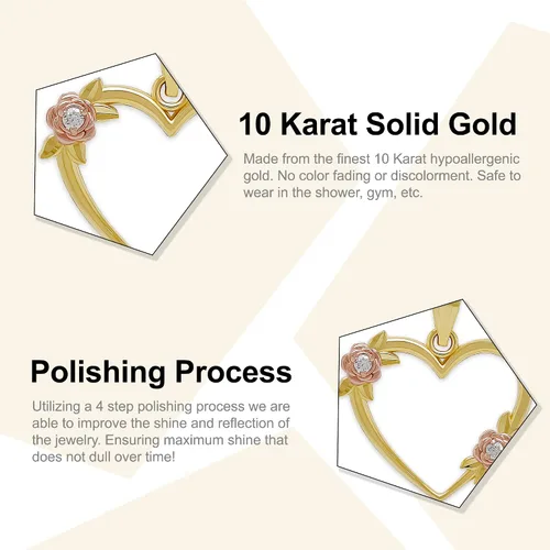Vista 2 de Charm America - Corazón simple de oro con dije de rosas de circonita cúbica, oro macizo de 10 quilates, Zirconia cúbica